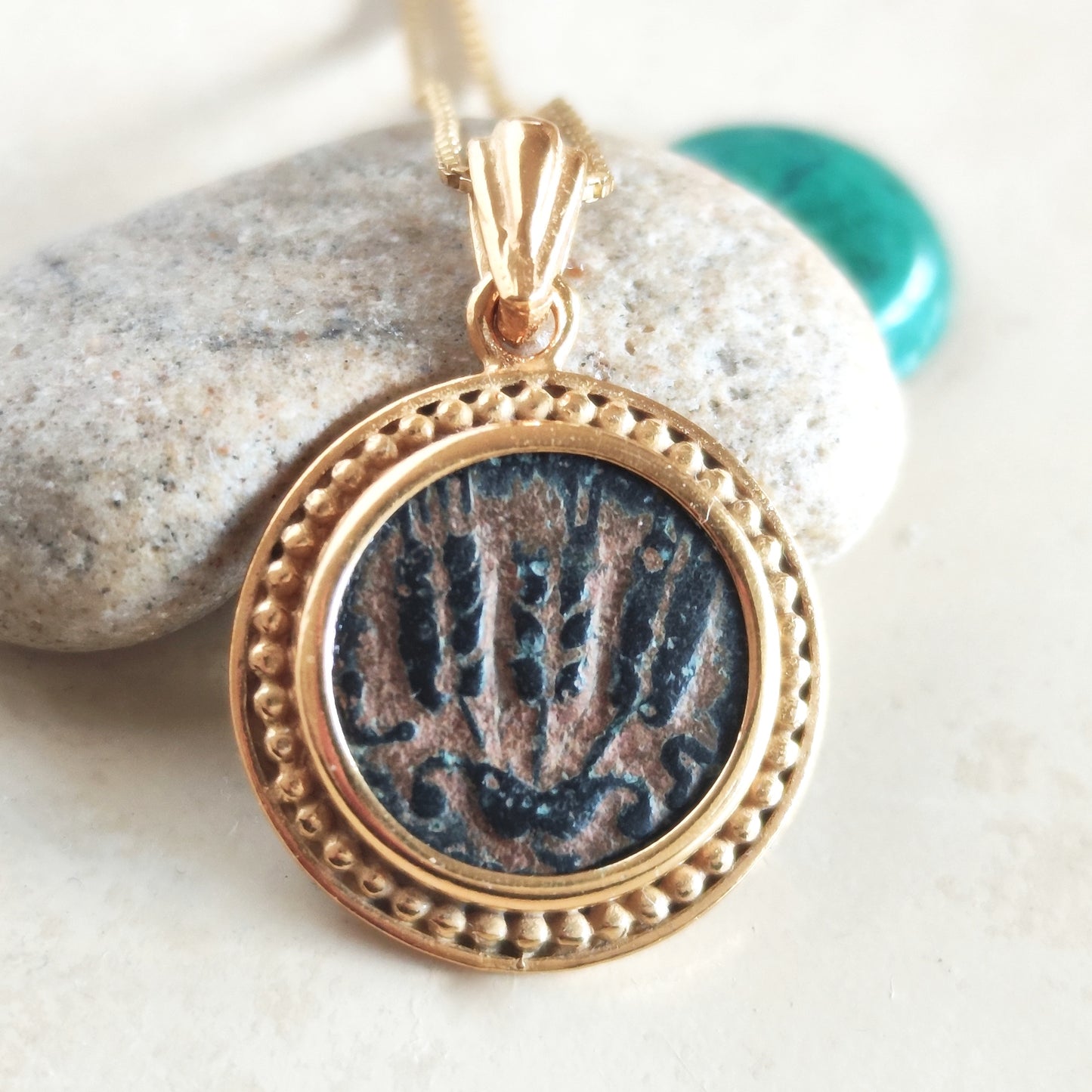 Genuine ancient coin 1st Century AD, King Herod Agrippa coin showing 3 heads of barley and canopy set in gold plated pendant