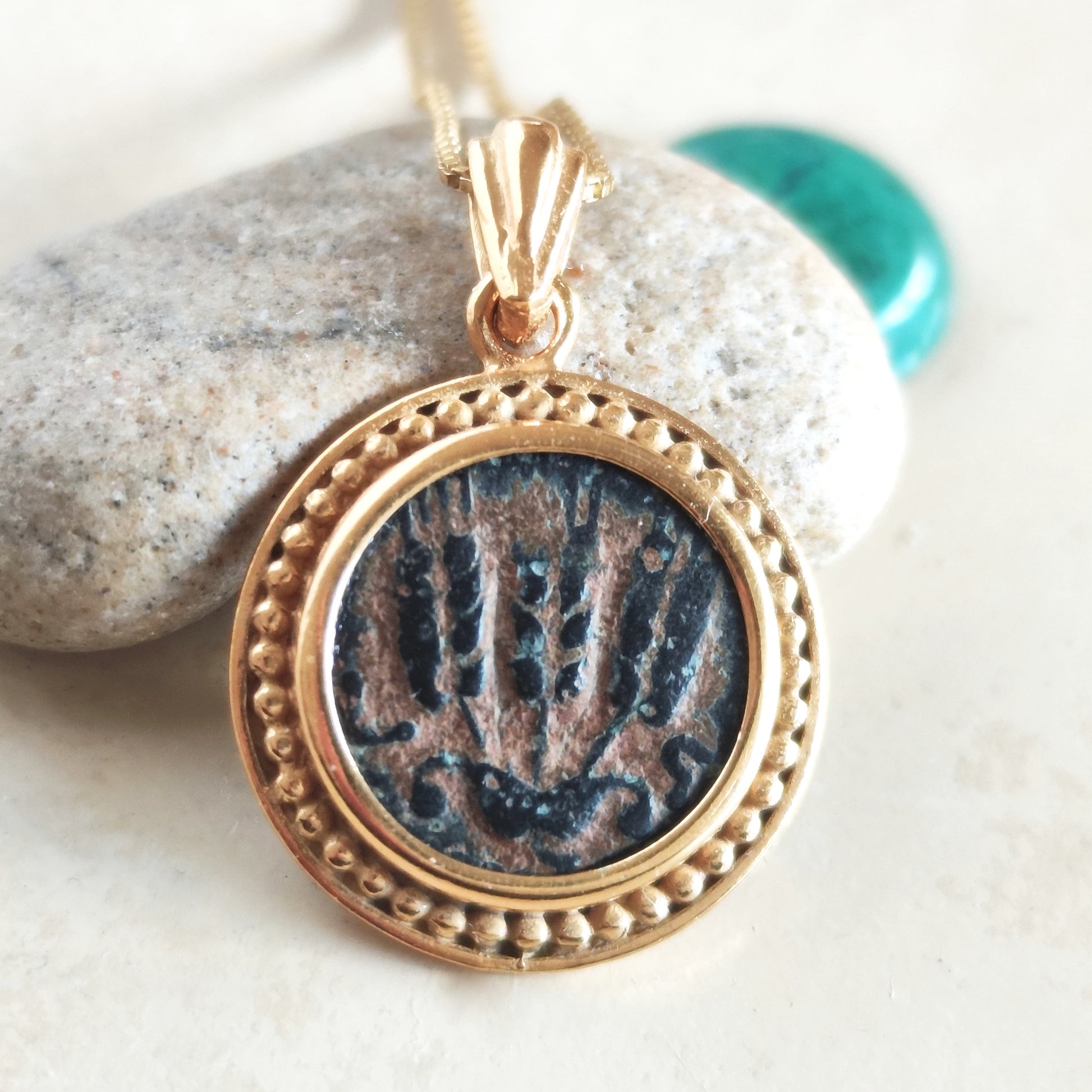 Genuine ancient coin 1st Century AD, King Herod Agrippa coin showing 3 heads of barley and canopy set in gold plated pendant