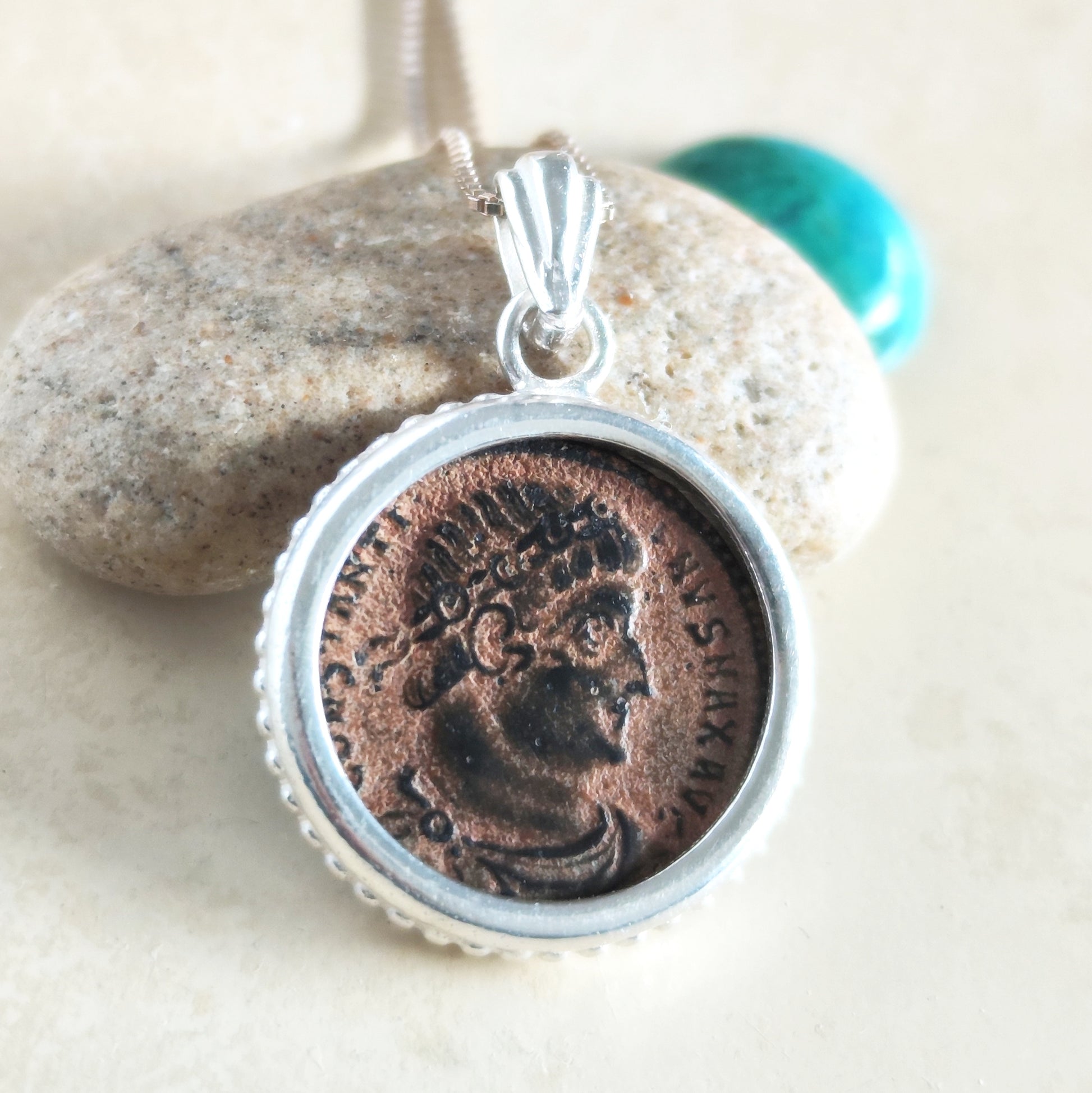 Ancient coin of Emperor Constantine the Great showing his profile and camp gates set in silver Pendant