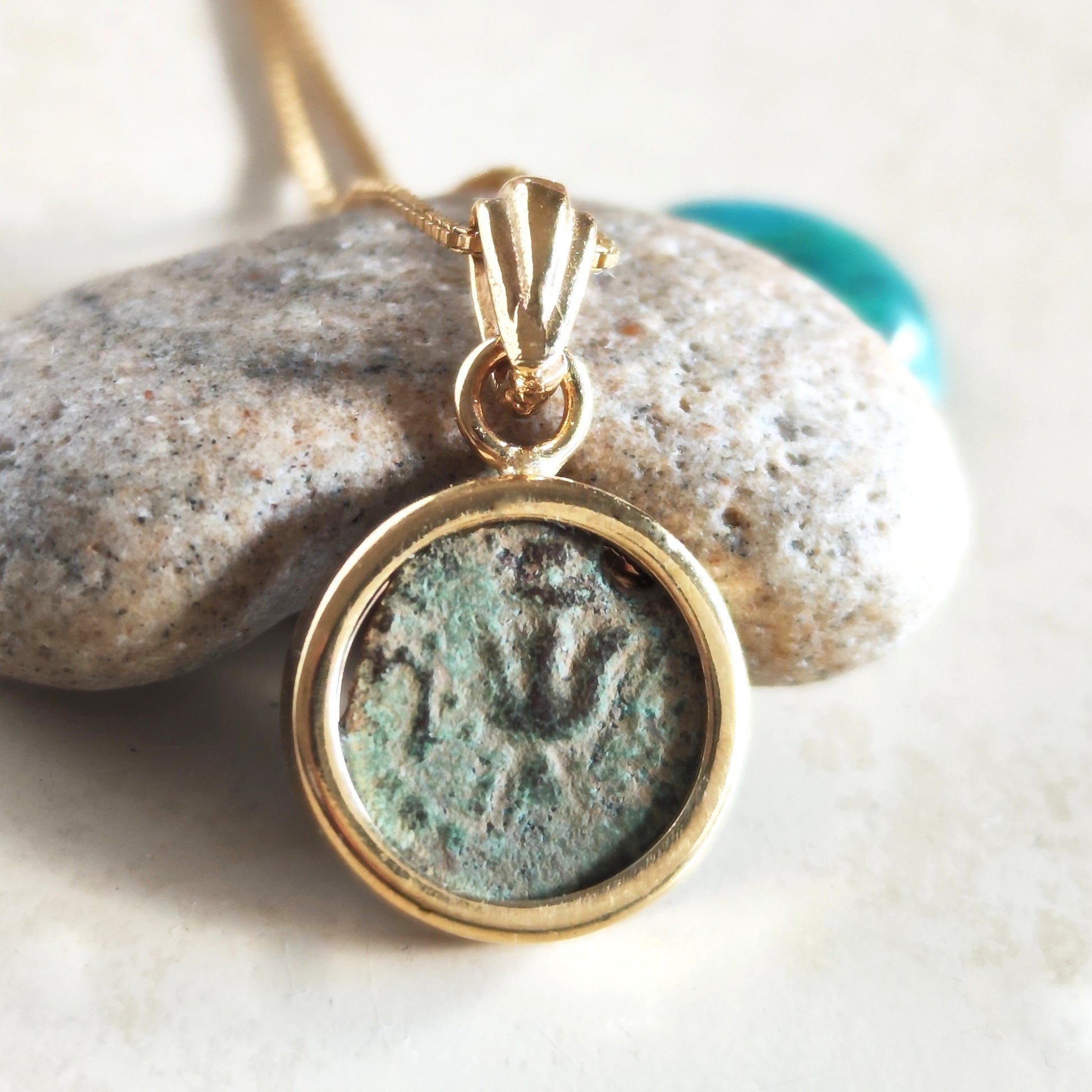 Ancient Widow's Mite Coin from the time of Jesus set in gold plated Necklace