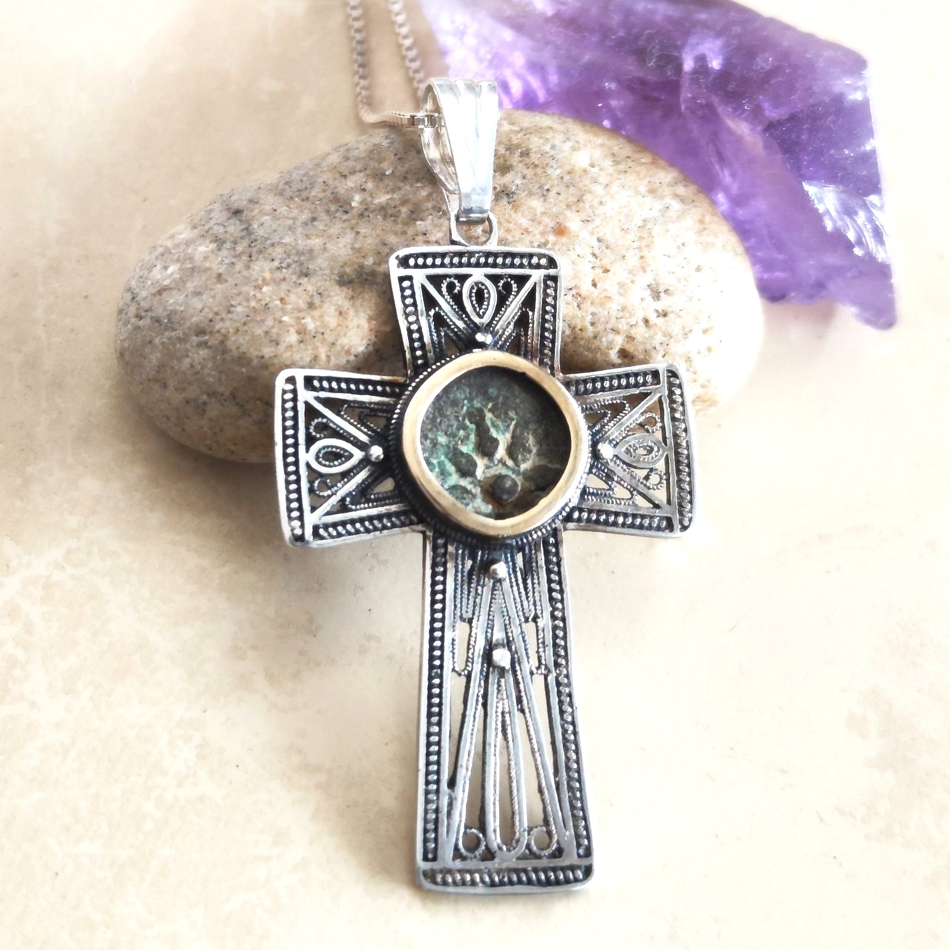 Filigree Cross Pendant set with Widow's Mite coin, Antique Christian Necklace in Sterling Silver Barr Designs