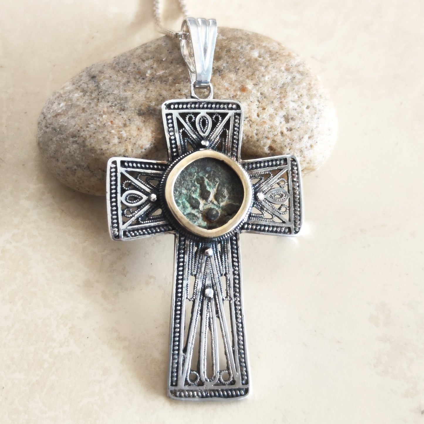 Elongated Sterling Silver Filigree Cross pendant set with genuine Widow's Mite Coin