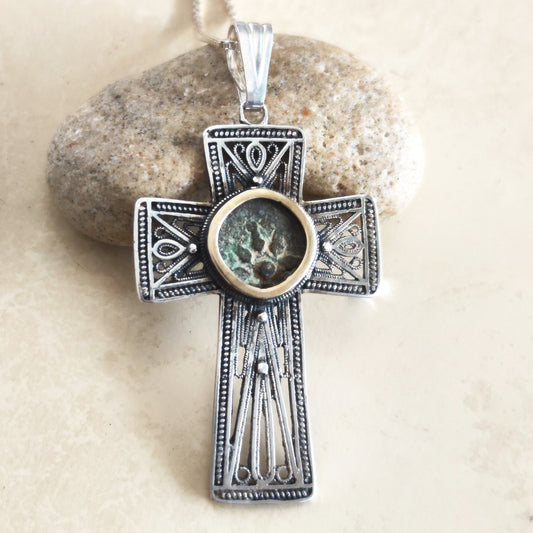 Elongated Sterling Silver Filigree Cross pendant set with genuine Widow's Mite Coin