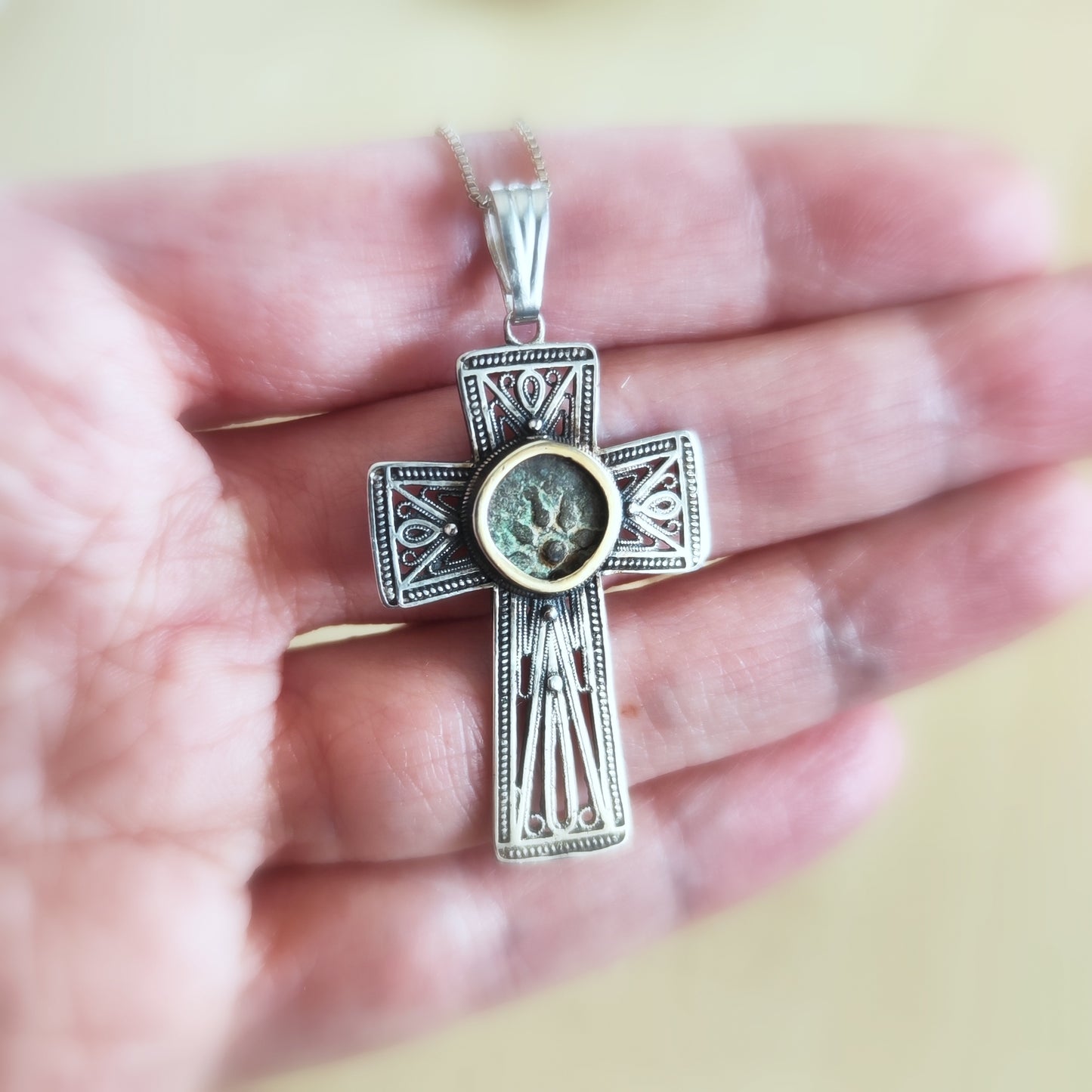 Filigree Cross Pendant set with Widow's Mite coin, Antique Christian Necklace in Sterling Silver Barr Designs