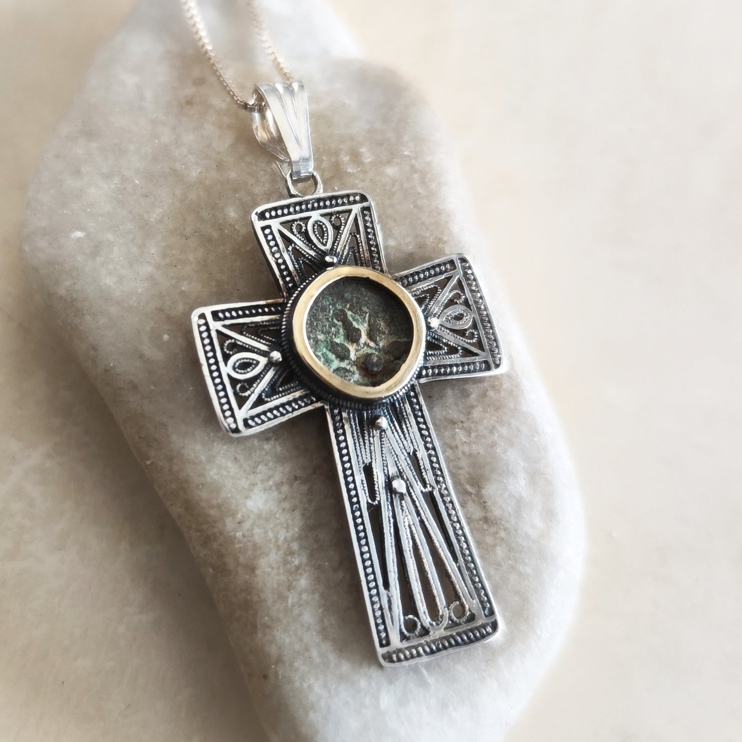 Filigree Cross Pendant set with Widow's Mite coin, Antique Christian Necklace in Sterling Silver Barr Designs