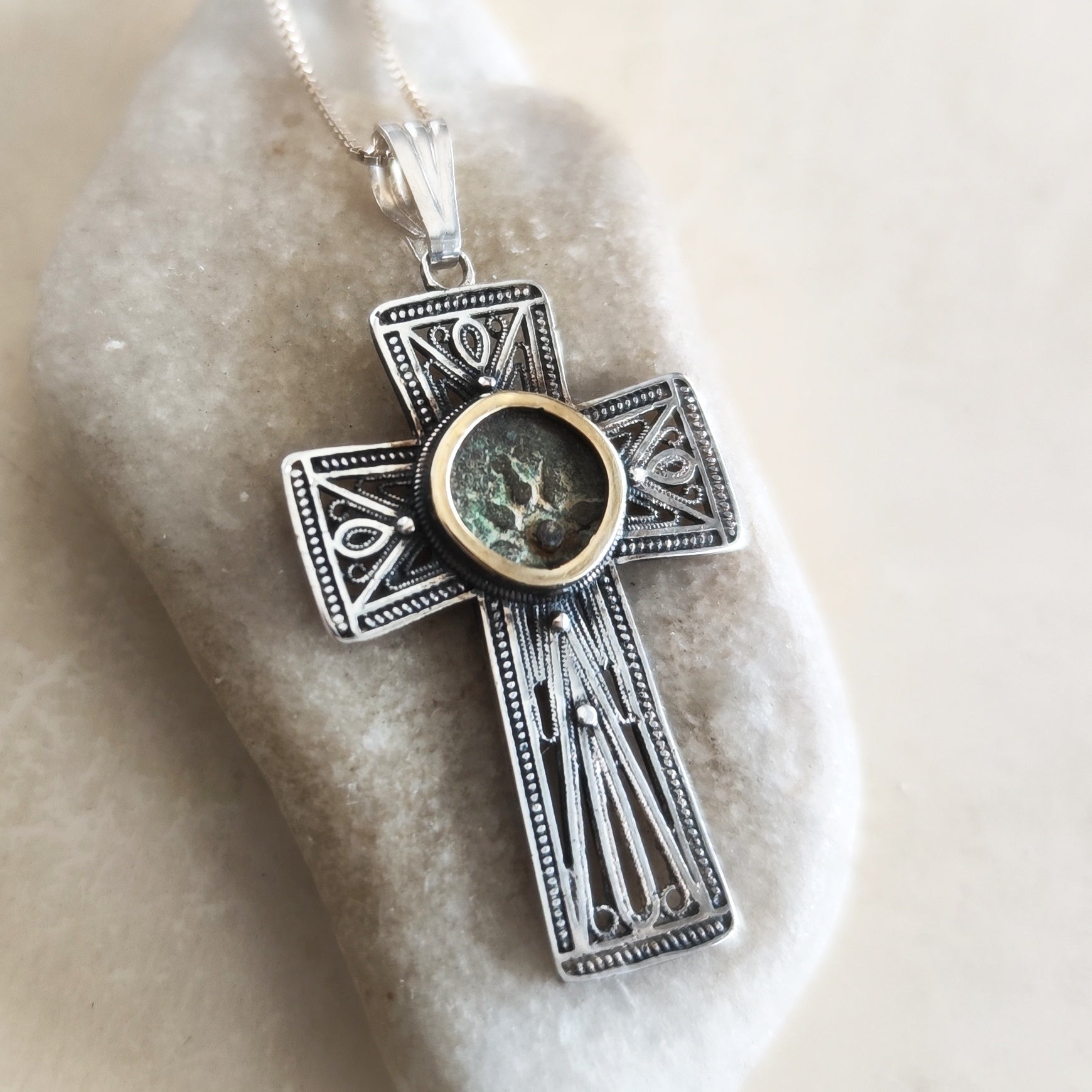 Filigree Cross Pendant set with Widow's Mite coin, Antique Christian Necklace in Sterling Silver Barr Designs