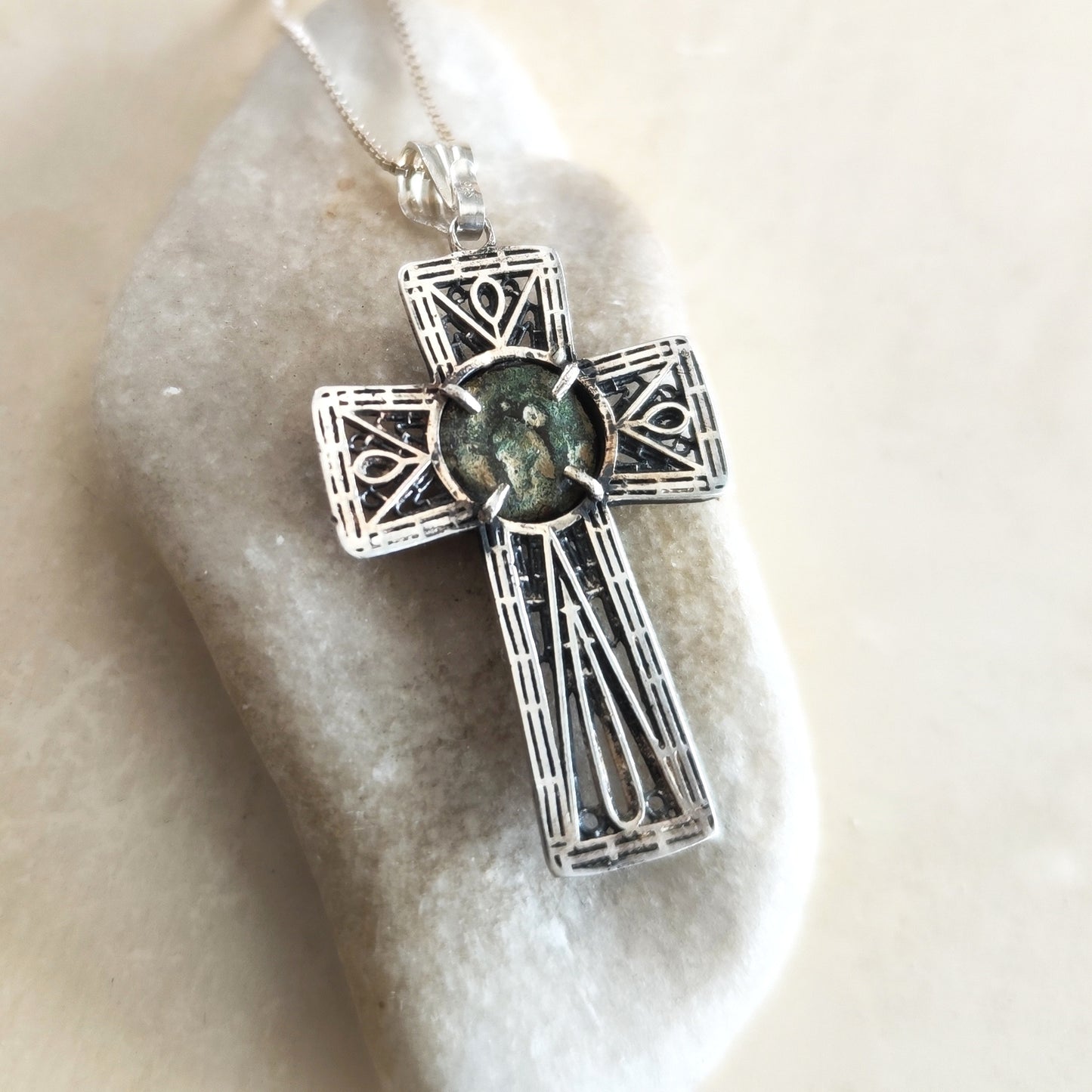 Filigree Cross Pendant set with Widow's Mite coin, Antique Christian Necklace in Sterling Silver Barr Designs