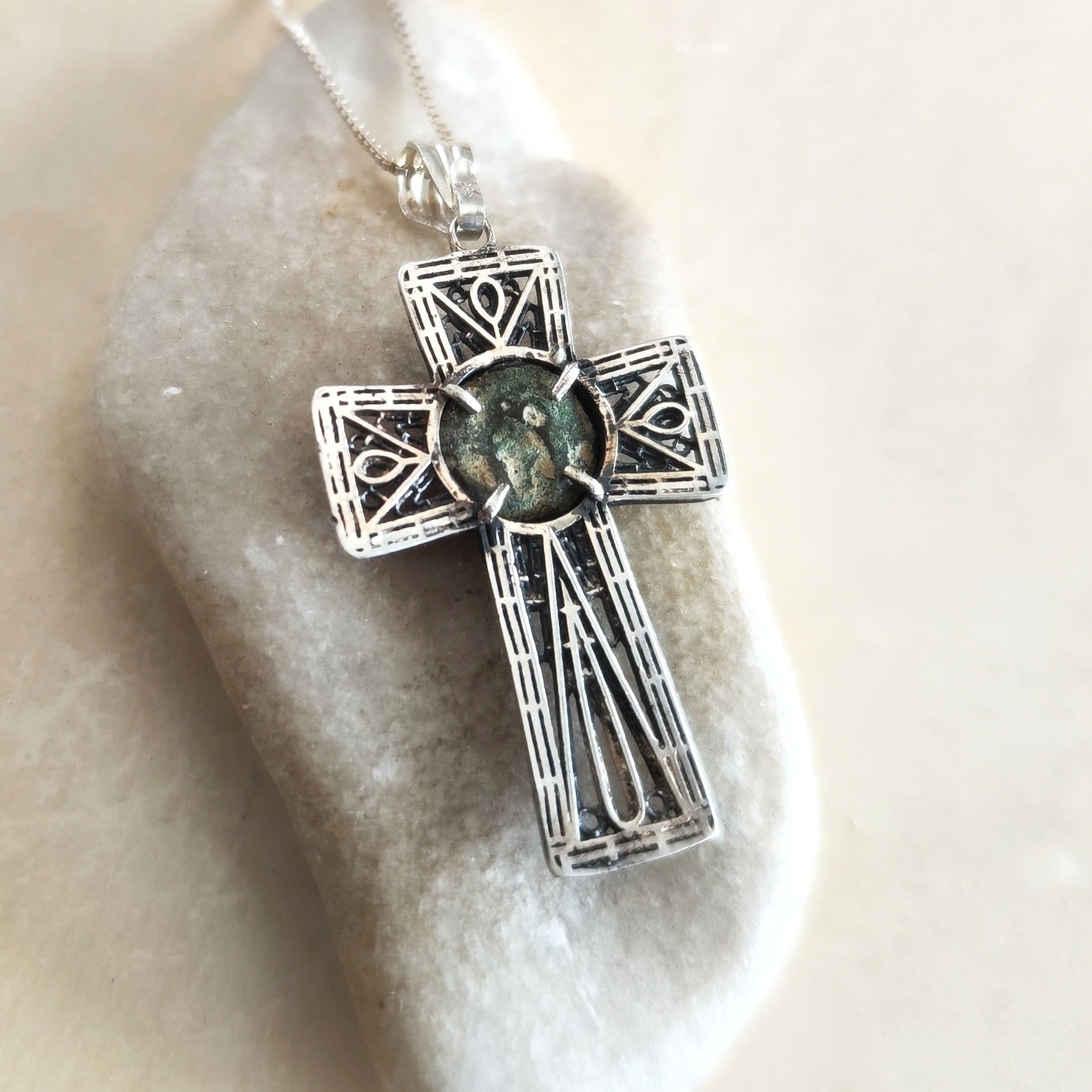 Filigree Cross Pendant set with Widow's Mite coin, Antique Christian Necklace in Sterling Silver Barr Designs