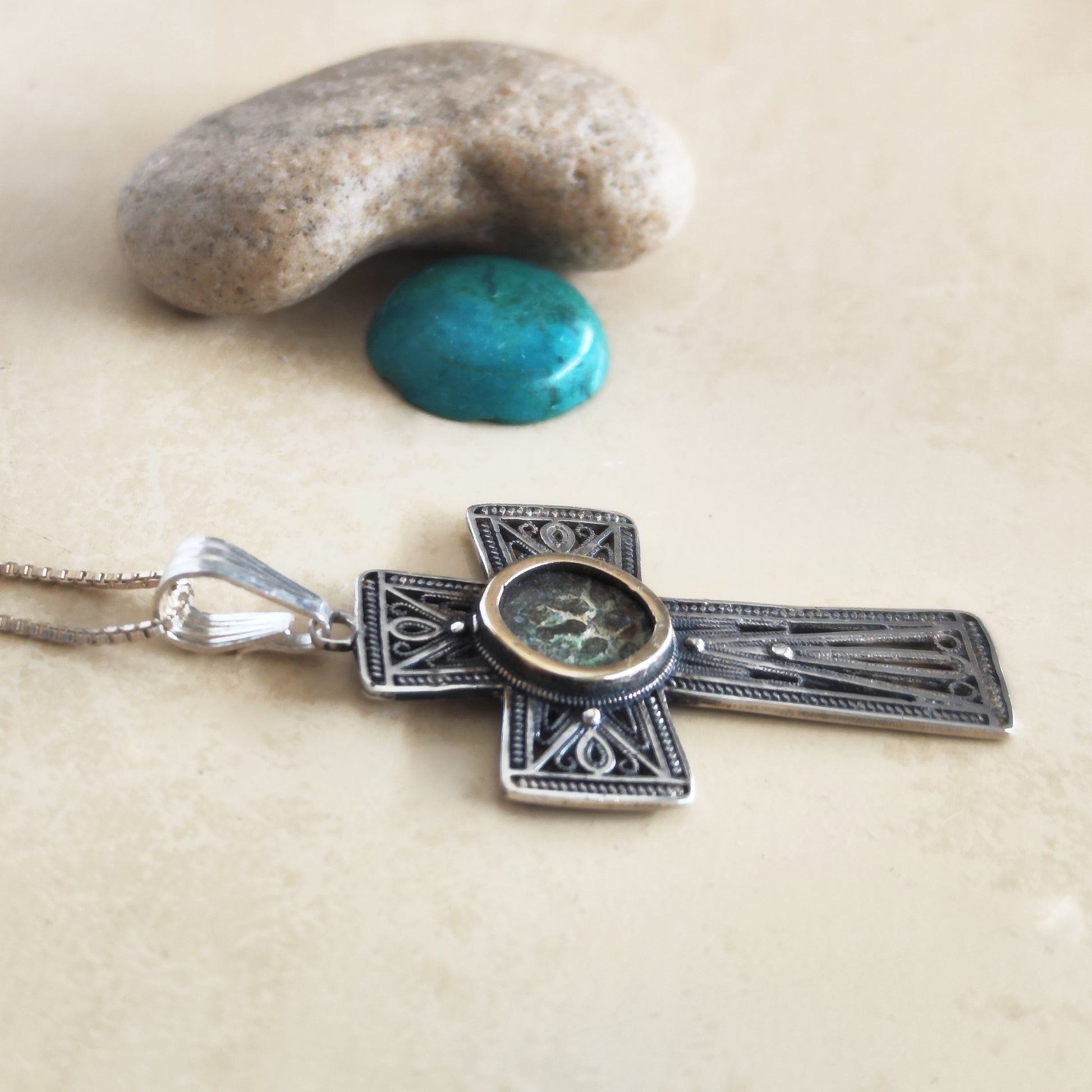 Filigree Cross Pendant set with Widow's Mite coin, Antique Christian Necklace in Sterling Silver Barr Designs