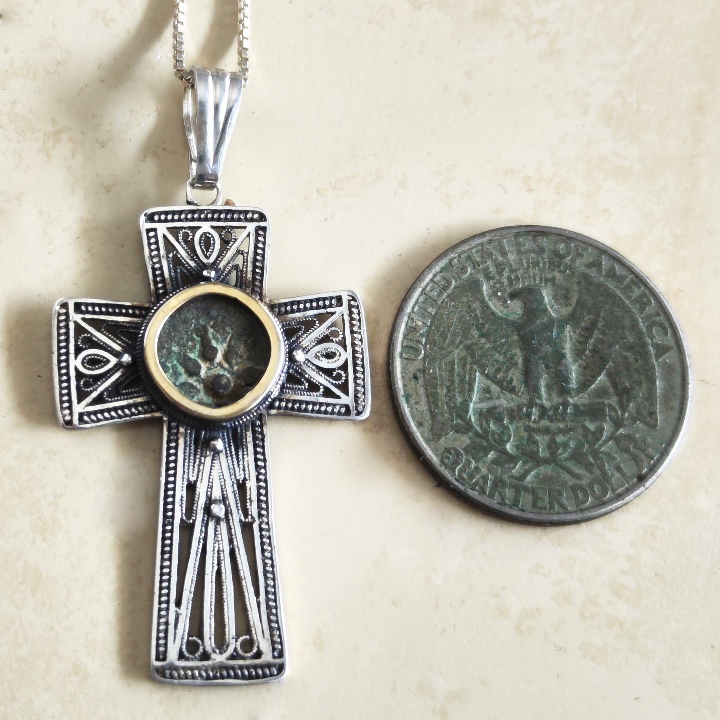 Filigree Cross Pendant set with Widow's Mite coin, Antique Christian Necklace in Sterling Silver Barr Designs