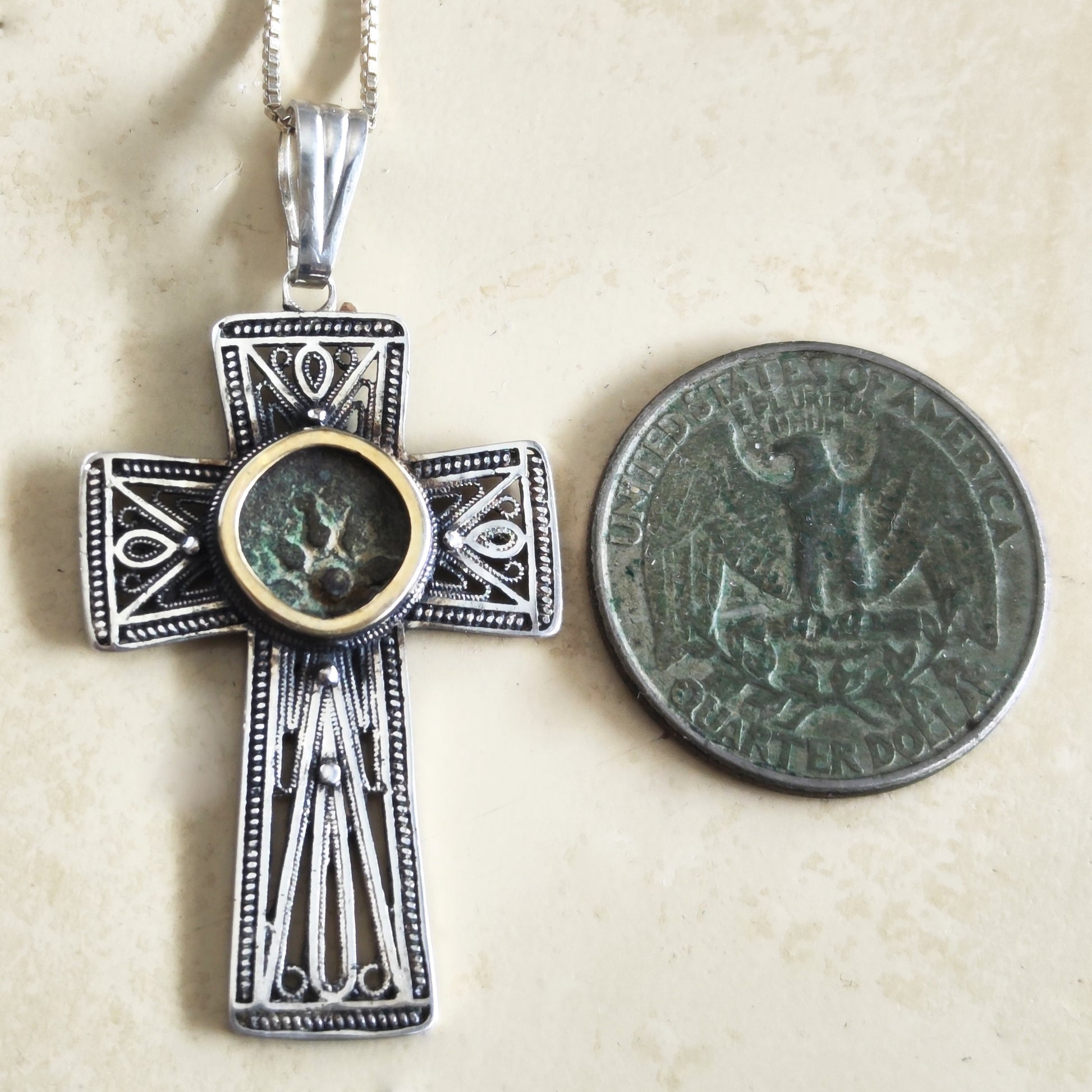 Filigree Cross Pendant set with Widow's Mite coin, Antique Christian Necklace in Sterling Silver Barr Designs