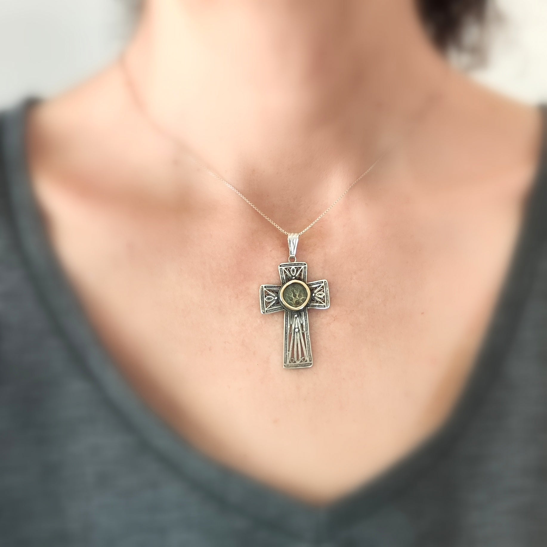 Filigree Cross Pendant set with Widow's Mite coin, Antique Christian Necklace in Sterling Silver Barr Designs