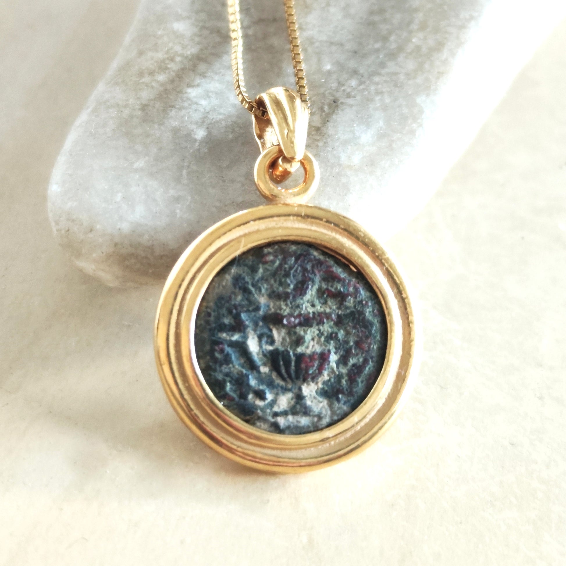 Ancient Masada Coin set in gold plated necklace, Jewish Revolt Freedom of Zion pendant Barr Designs