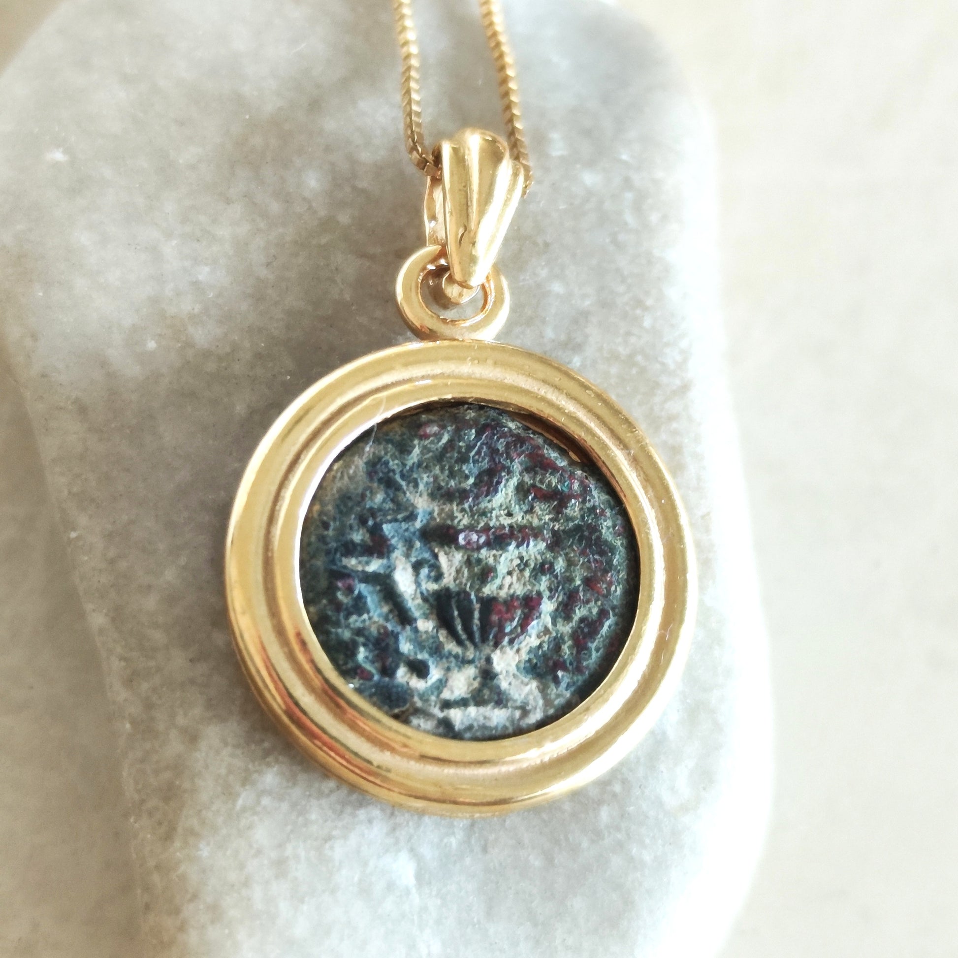 Ancient Masada Coin set in gold plated necklace, Jewish Revolt Freedom of Zion pendant Barr Designs