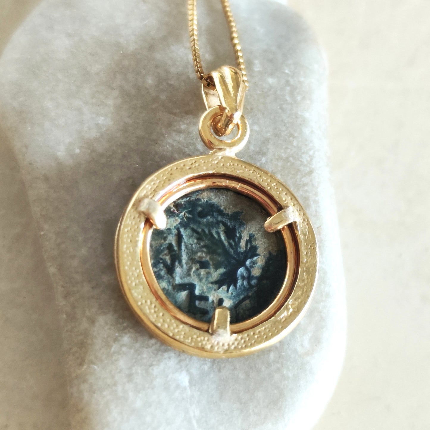 Ancient Masada Coin set in gold plated necklace, Jewish Revolt Freedom of Zion pendant Barr Designs