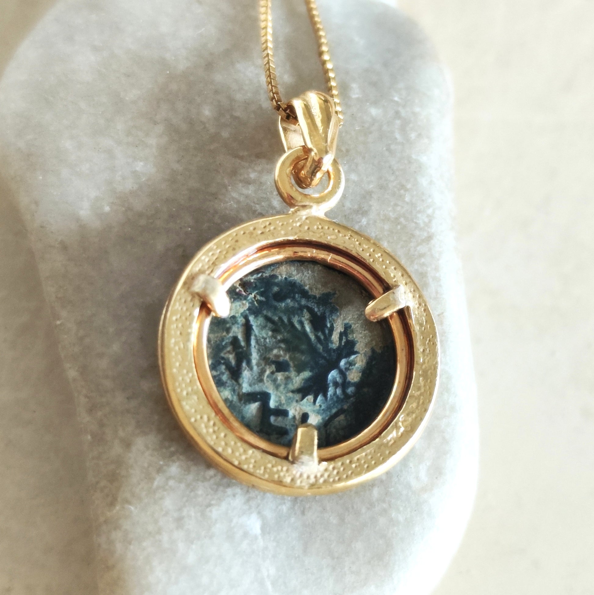 Ancient Masada Coin set in gold plated necklace, Jewish Revolt Freedom of Zion pendant Barr Designs