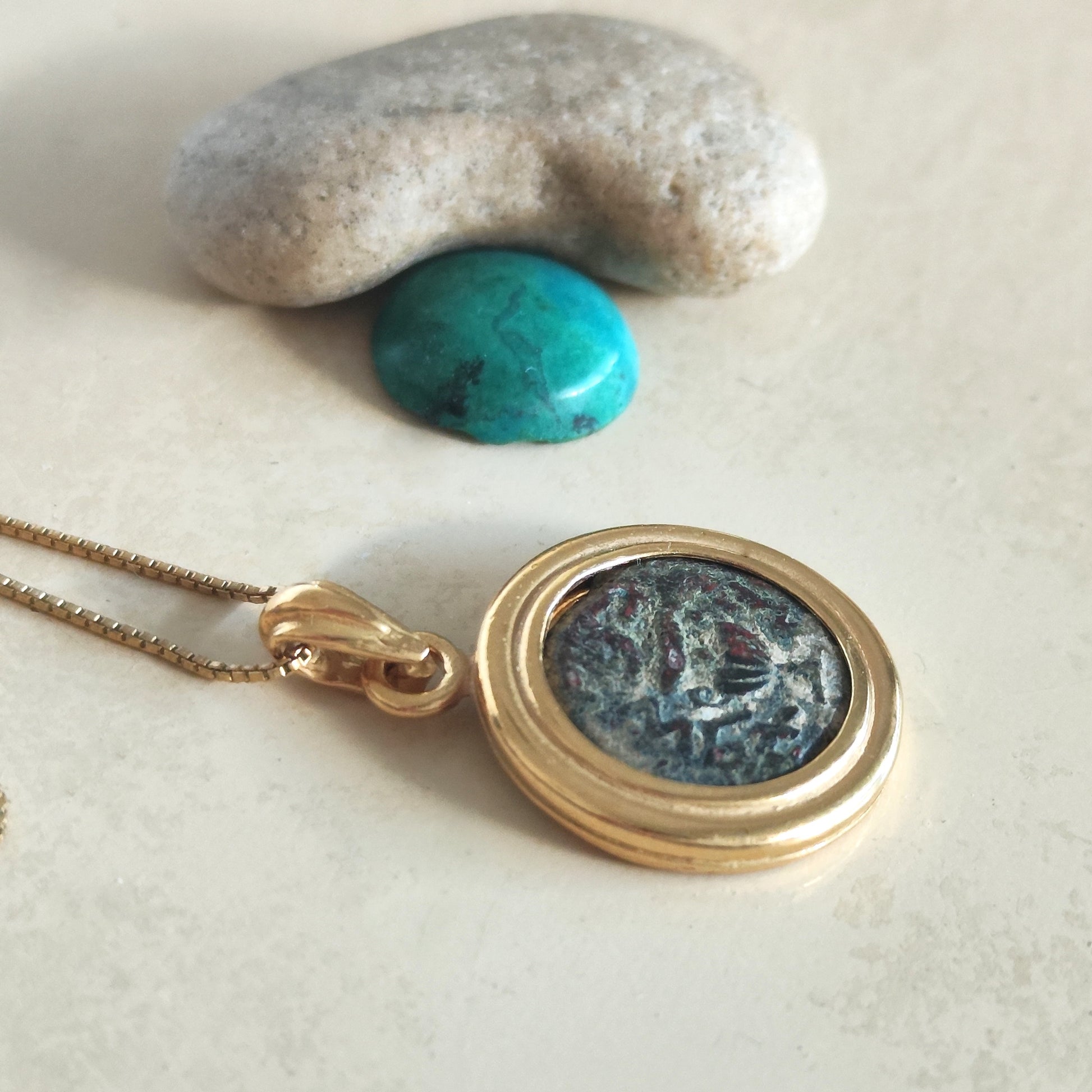 Ancient Masada Coin set in gold plated necklace, Jewish Revolt Freedom of Zion pendant Barr Designs