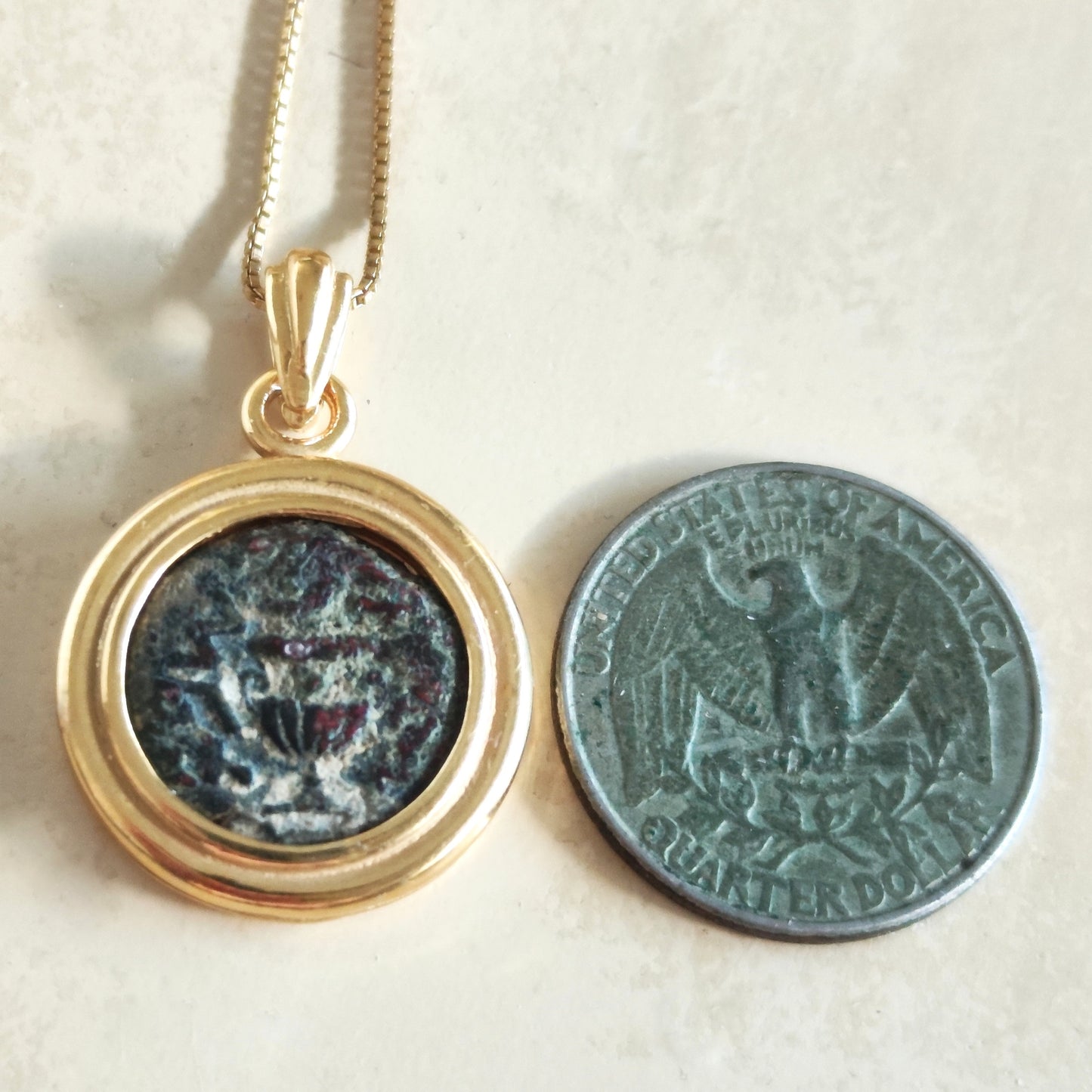 Ancient Masada Coin set in gold plated necklace, Jewish Revolt Freedom of Zion pendant Barr Designs