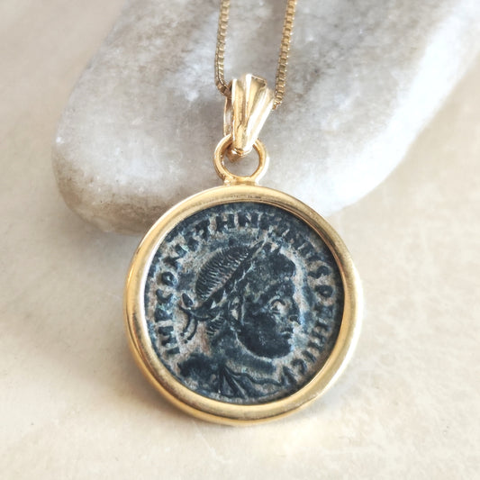 Certified Antique Roman Coin Necklace, Christian Emperor Constantine The Great Gold Plated Medallion Barr Designs