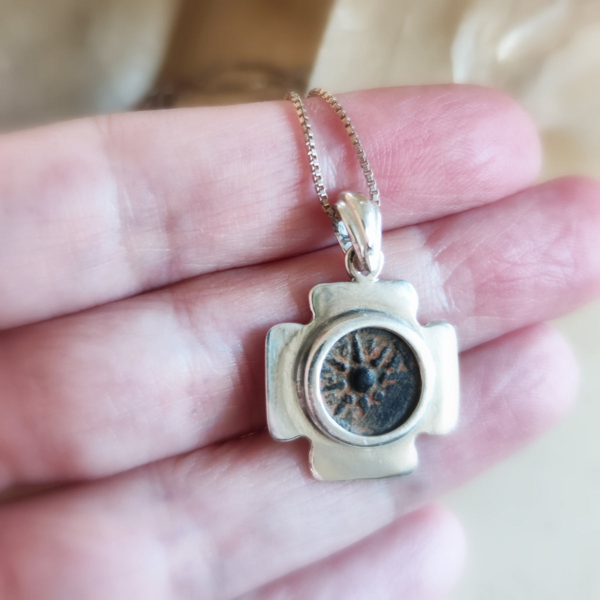 Authentic Widow's Mite Coin set in Jerusalem Cross Pendant, Biblical Artifact, Sterling Silver Barr Designs