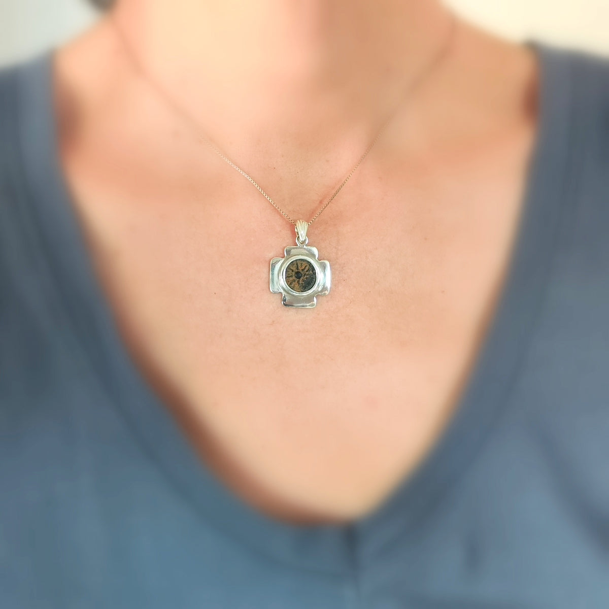 Authentic Widow's Mite Coin set in Jerusalem Cross Pendant, Biblical Artifact, Sterling Silver Barr Designs