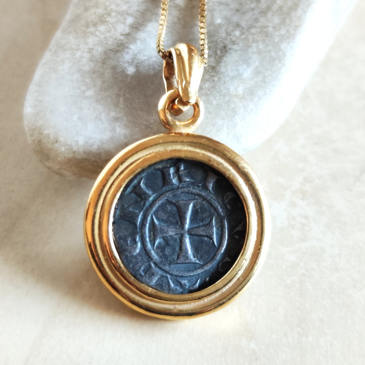 Medieval Crusader Coin Necklace, Knights of Cyprus Cross Denier Coin Pendant, Gold Plated Barr Designs