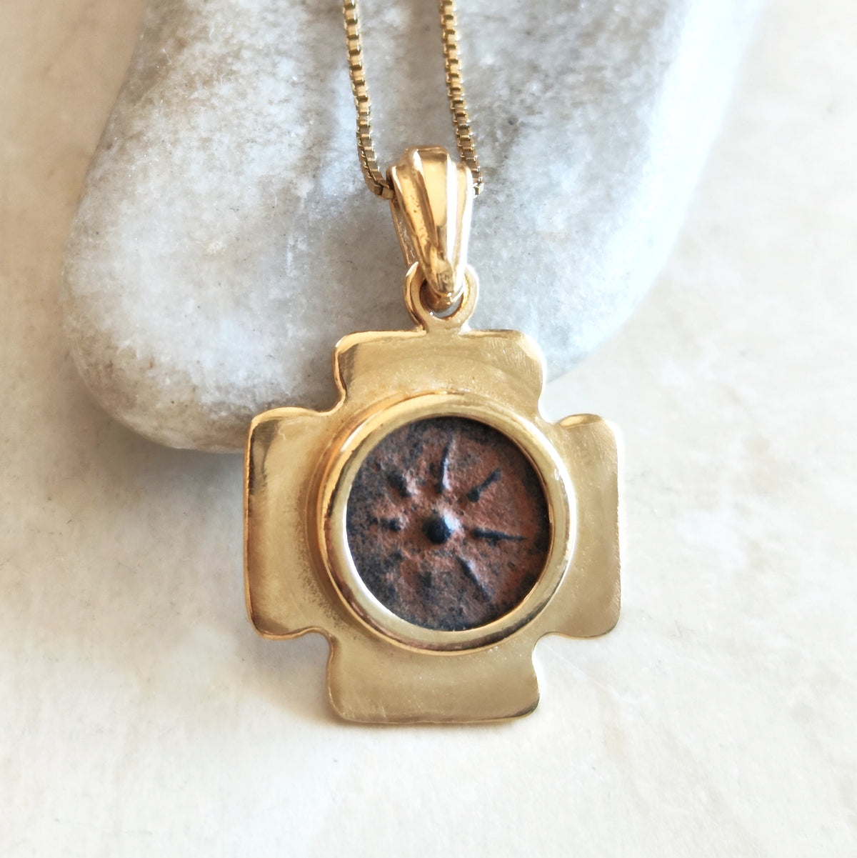 Biblical Widow's Mite Coin Necklace, Ancient Jerusalem Cross Medallion, Gold Plated Barr Designs