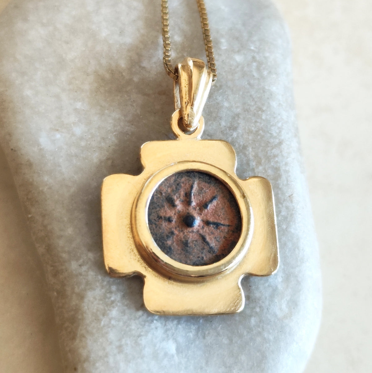 Biblical Widow's Mite Coin Necklace, Ancient Jerusalem Cross Medallion, Gold Plated Barr Designs
