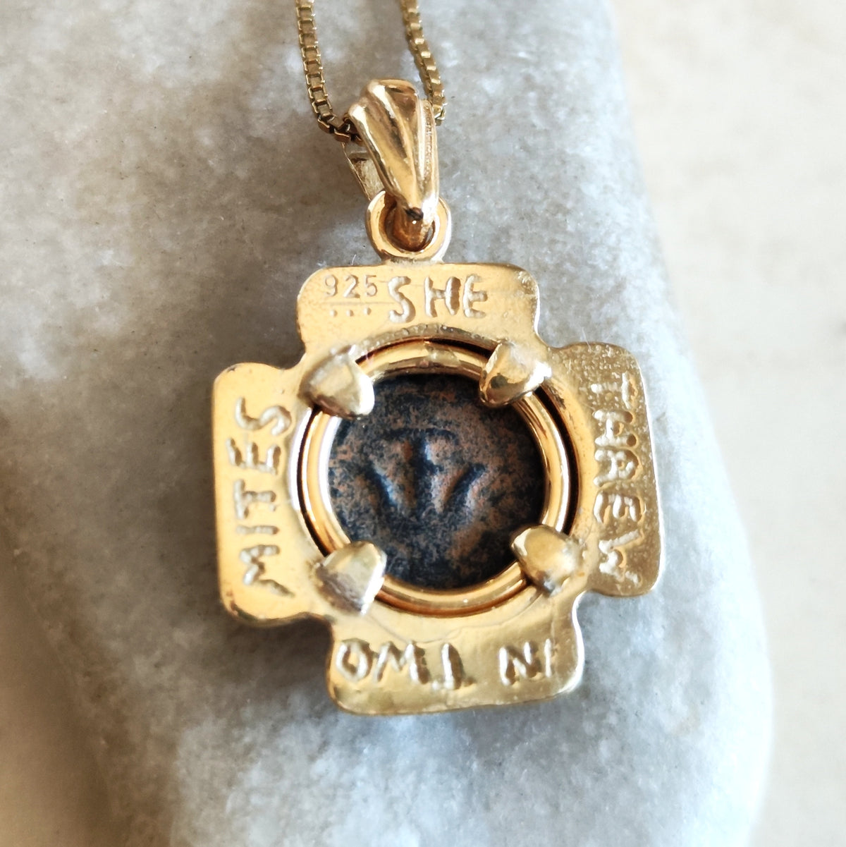 Biblical Widow's Mite Coin Necklace, Ancient Jerusalem Cross Medallion, Gold Plated Barr Designs