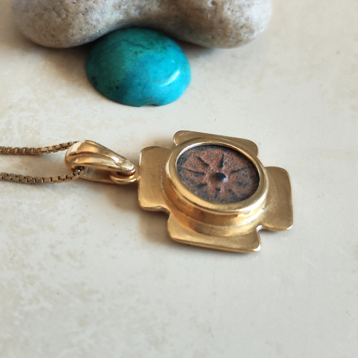 Biblical Widow's Mite Coin Necklace, Ancient Jerusalem Cross Medallion, Gold Plated Barr Designs