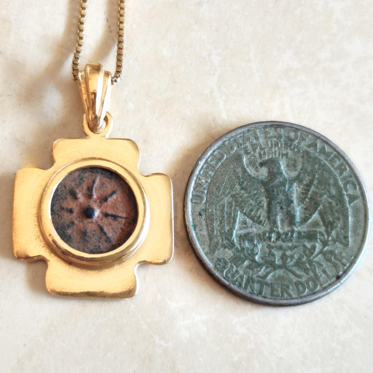 Biblical Widow's Mite Coin Necklace, Ancient Jerusalem Cross Medallion, Gold Plated Barr Designs