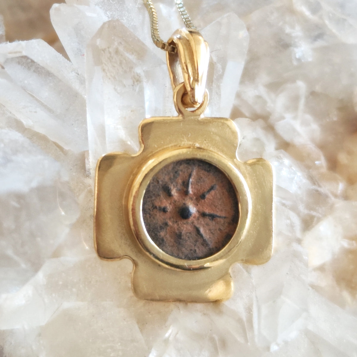 Biblical Widow's Mite Coin Necklace, Ancient Jerusalem Cross Medallion, Gold Plated Barr Designs