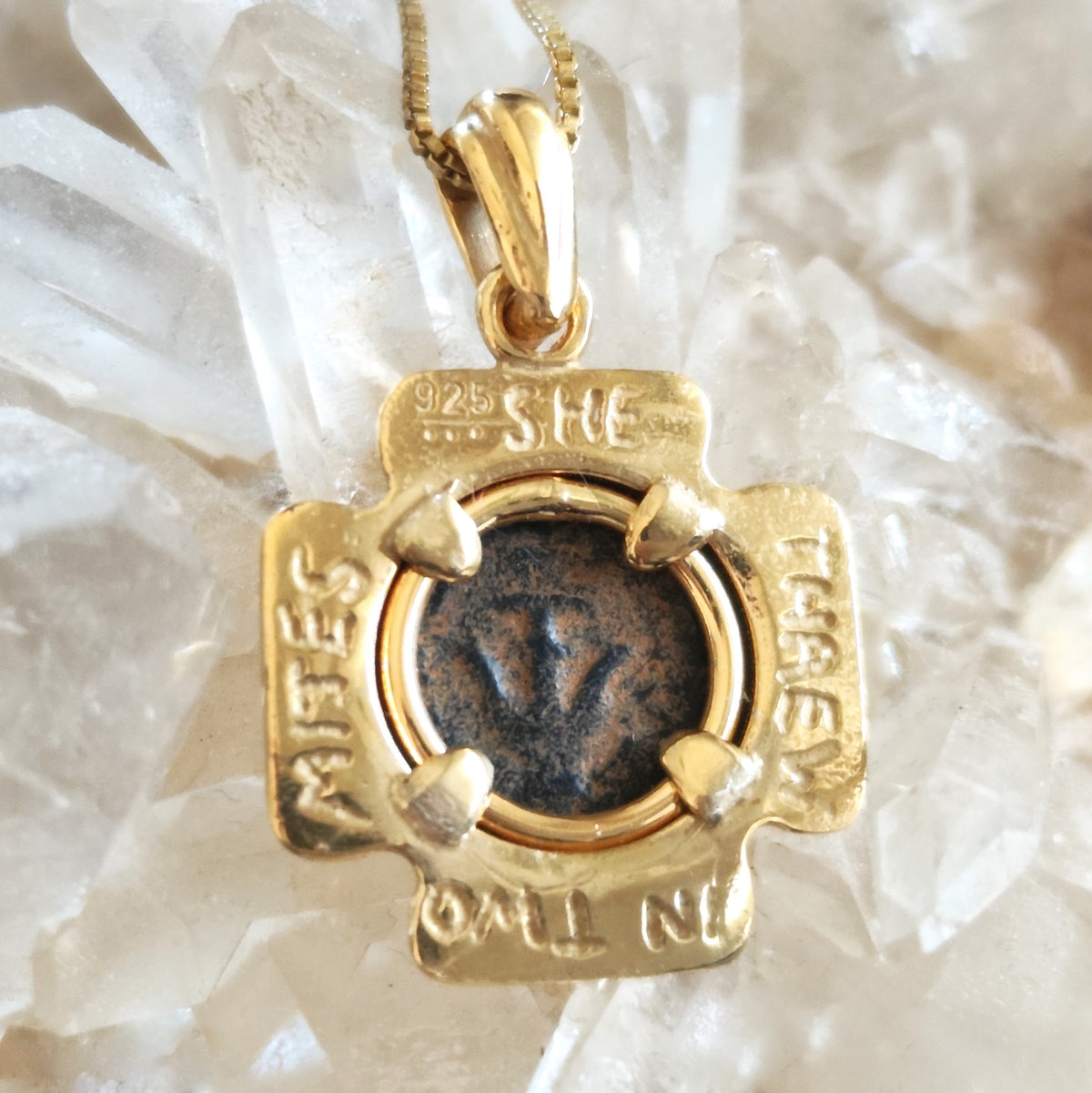 Biblical Widow's Mite Coin Necklace, Ancient Jerusalem Cross Medallion, Gold Plated Barr Designs