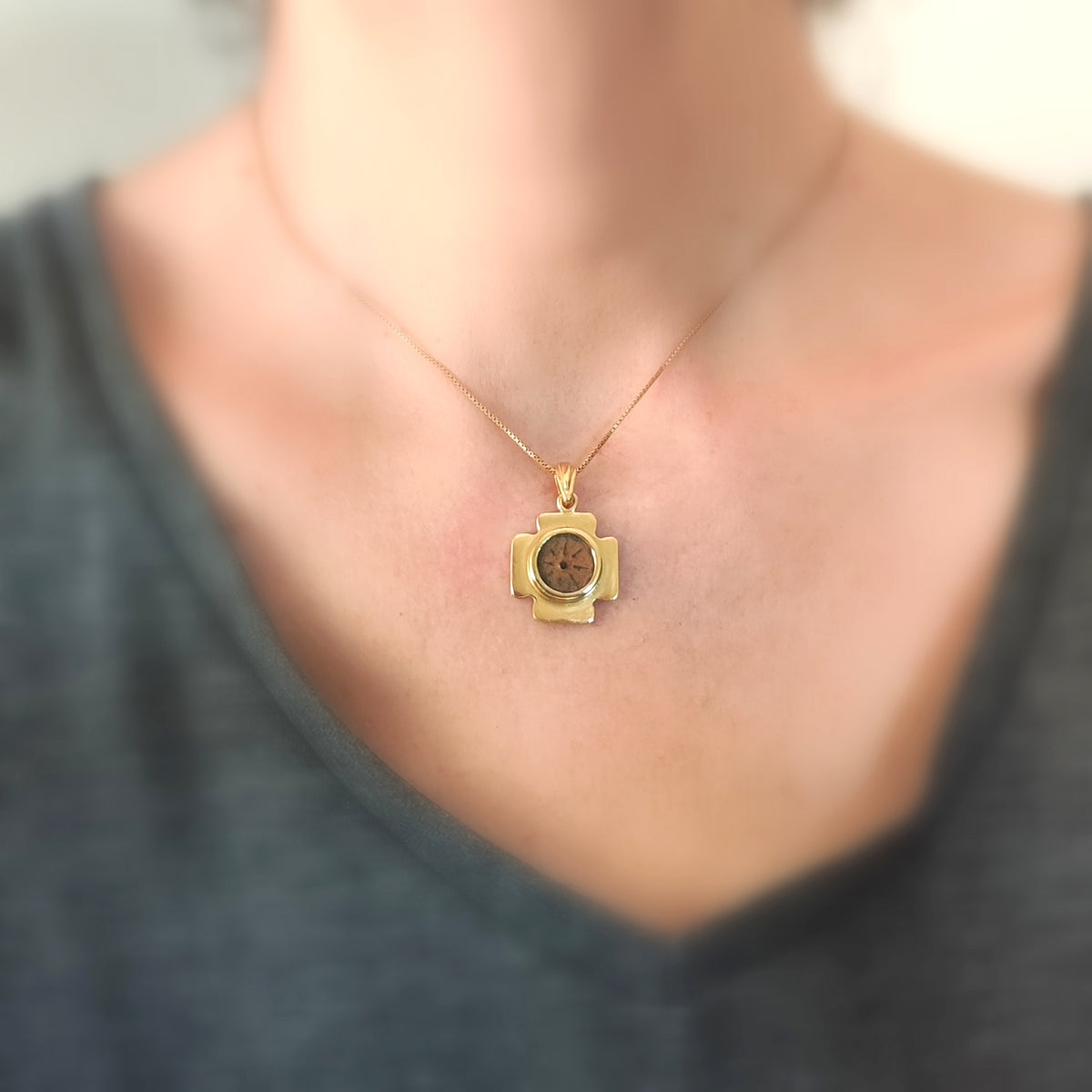 Biblical Widow's Mite Coin Necklace, Ancient Jerusalem Cross Medallion, Gold Plated Barr Designs