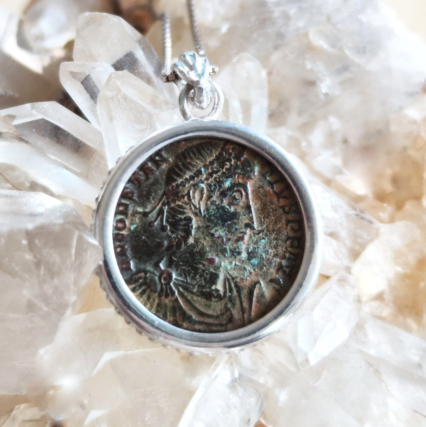Ancient Roman coin Silver necklace, Certified bronze coin of Emperor Constantius pendant, women unisex medallion, Antique vintage jewelry