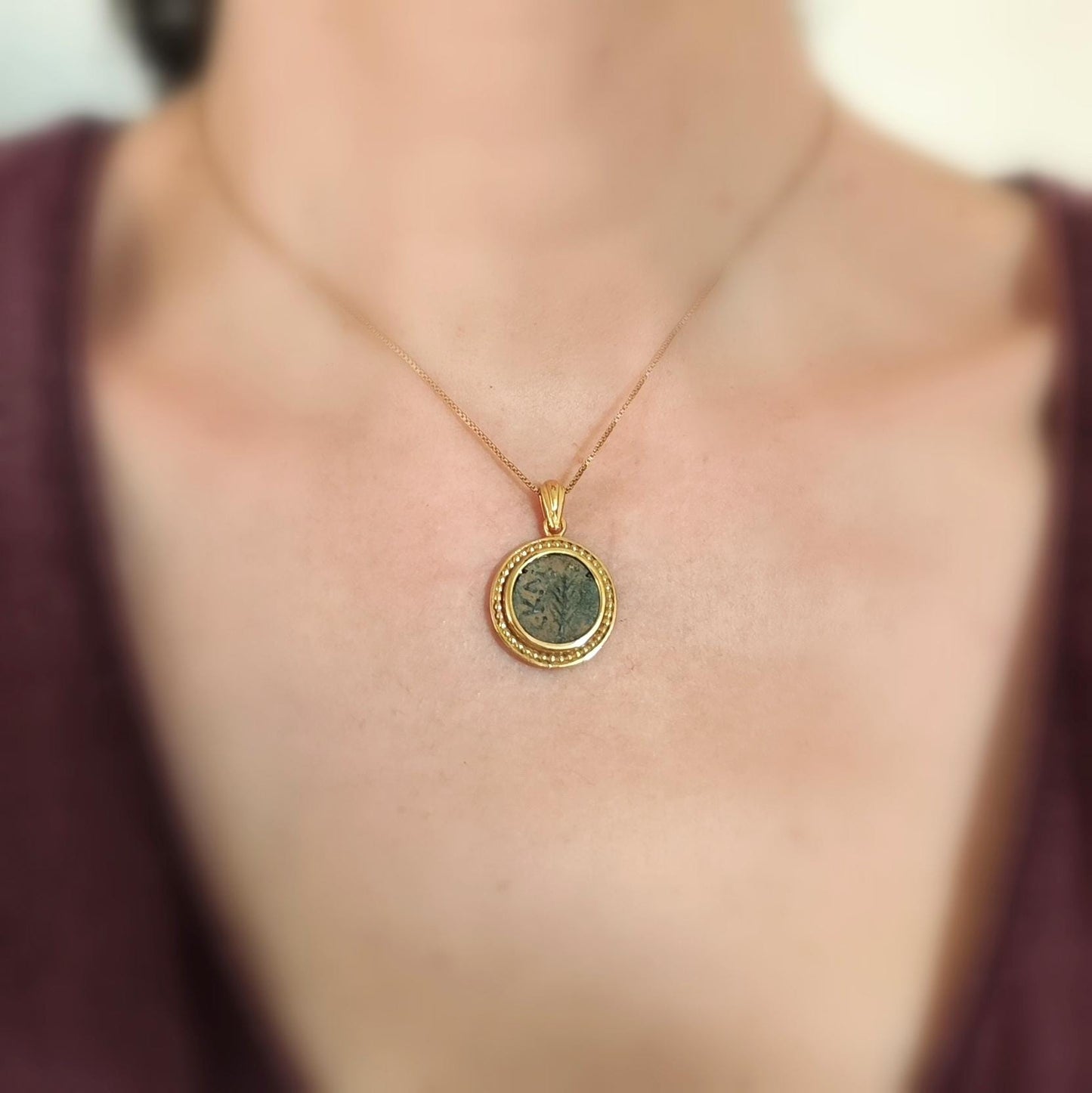 Ancient Roman Nero Coin Necklace: 18K Gold Plated Sterling Silver, Palm Branch Prutah Barr Designs
