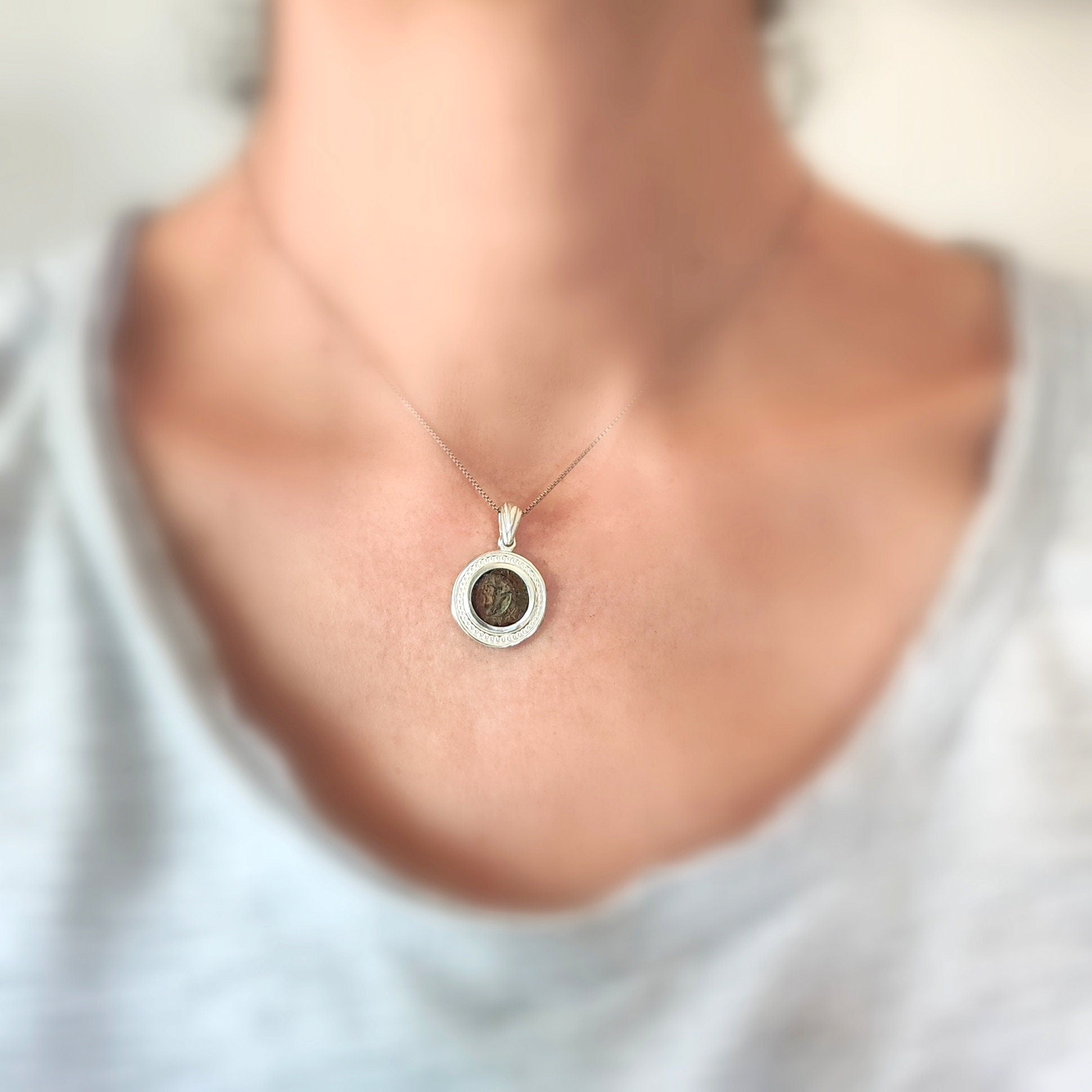 Authentic Widow's Mite Coin Necklace, Sterling Silver Ancient Biblical Judean Prutah Barr Designs