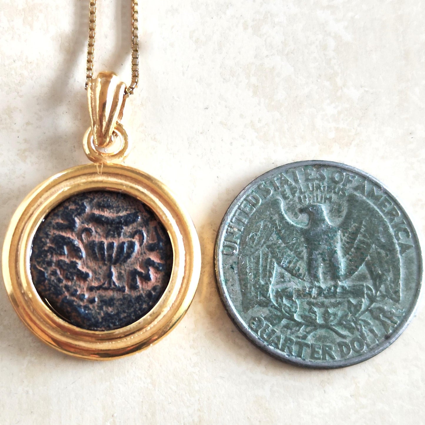 Ancient Masada Coin necklace, First Jewish Revolt Real Bronze Prutah Pendant, Jerusalem Second Temple coin, Roman Amphora Grape Leaf