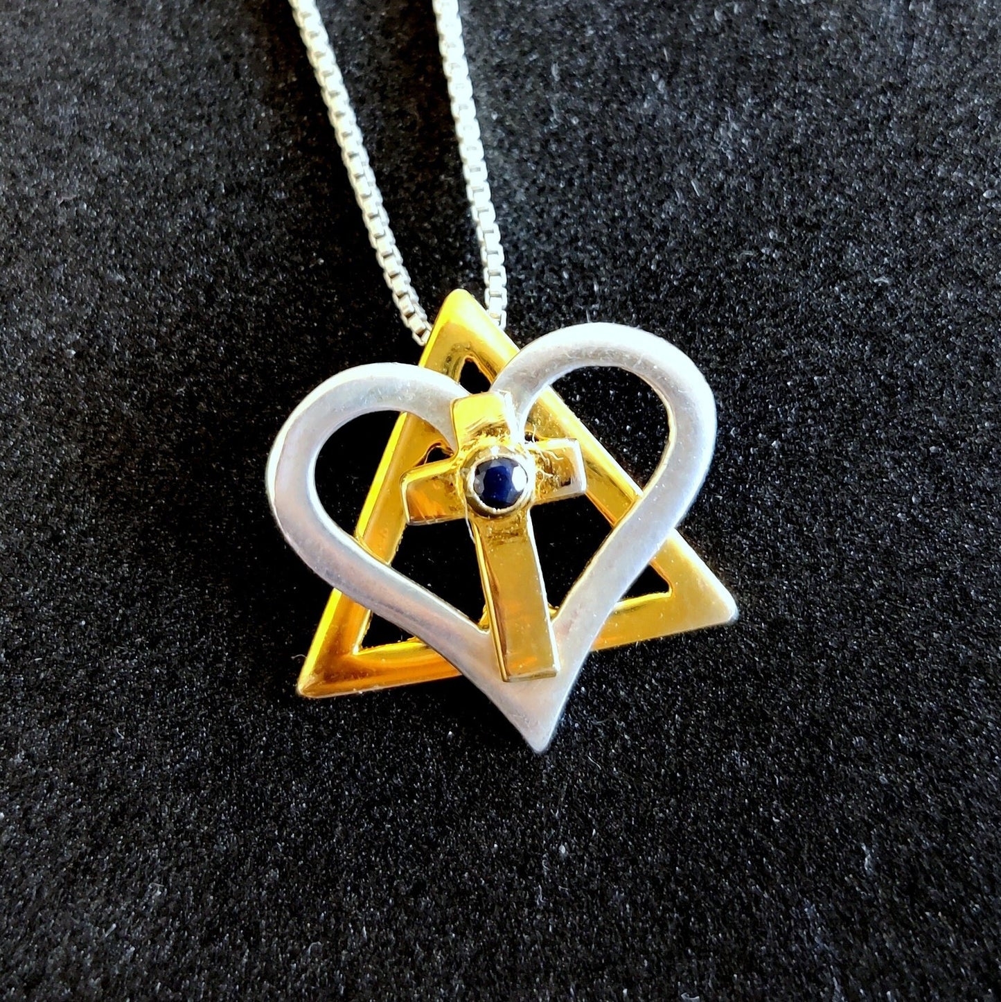 Silver and Gold Star of David cross necklace, interfaith Messianic Jewish Christian pendant, Blue Sapphire heart pendant, born again jewelry