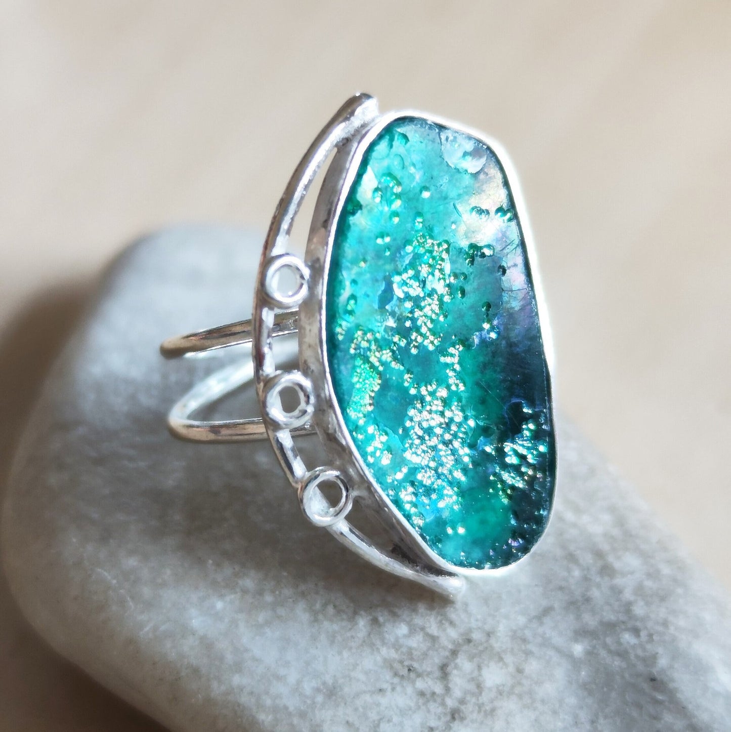 Antique Roman Glass Solitaire Ring, Natural Roman Glass adjustable silver ring, Aqua Green Blue patina Glass ring,  Large Statement ring