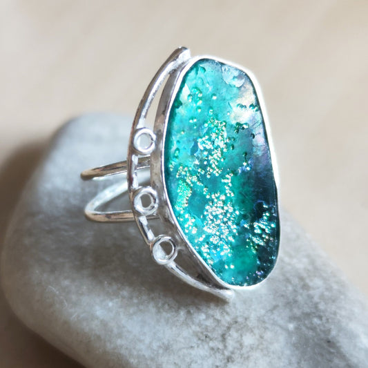 Antique Roman Glass Solitaire Ring, Natural Roman Glass adjustable silver ring, Aqua Green Blue patina Glass ring,  Large Statement ring
