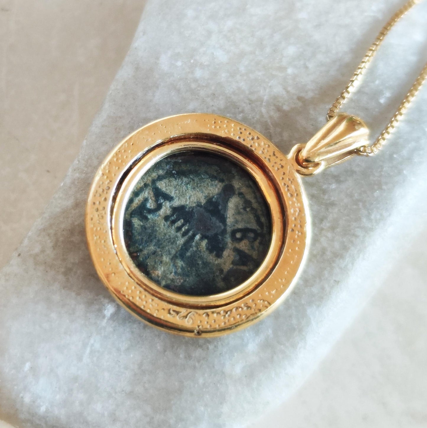 Ancient Roman Coin Gold Plated Necklace, King Herod Agrippa Bronze Coin, Vintage Coin Medallion, Jewish Judea Pendant, Women Coin Necklace