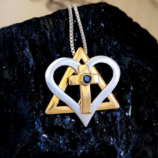 Silver and Gold Star of David cross necklace, interfaith Messianic Jewish Christian pendant, Blue Sapphire heart pendant, born again jewelry