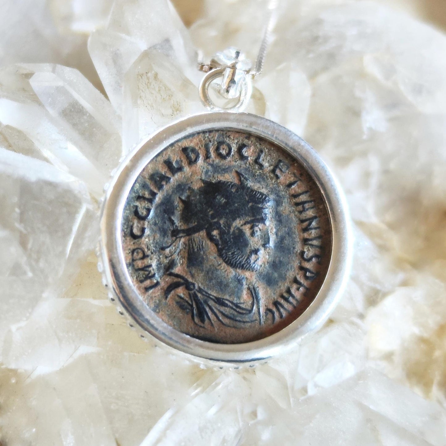 Authentic Certified Roman Emperor Diocletian Coin Necklace, Antique Silver Unisex Medallion Barr Designs