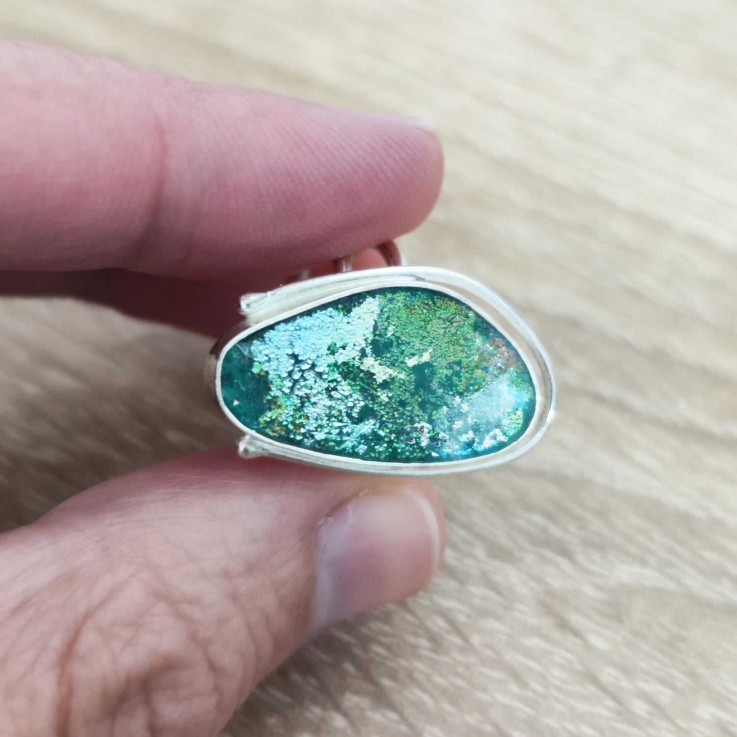 Ancient Glass Oval Ring, Natural Antique Roman Glass Adjustable Silver Ring, Green Blue Patina Glass ring, Statement Solitaire Ring