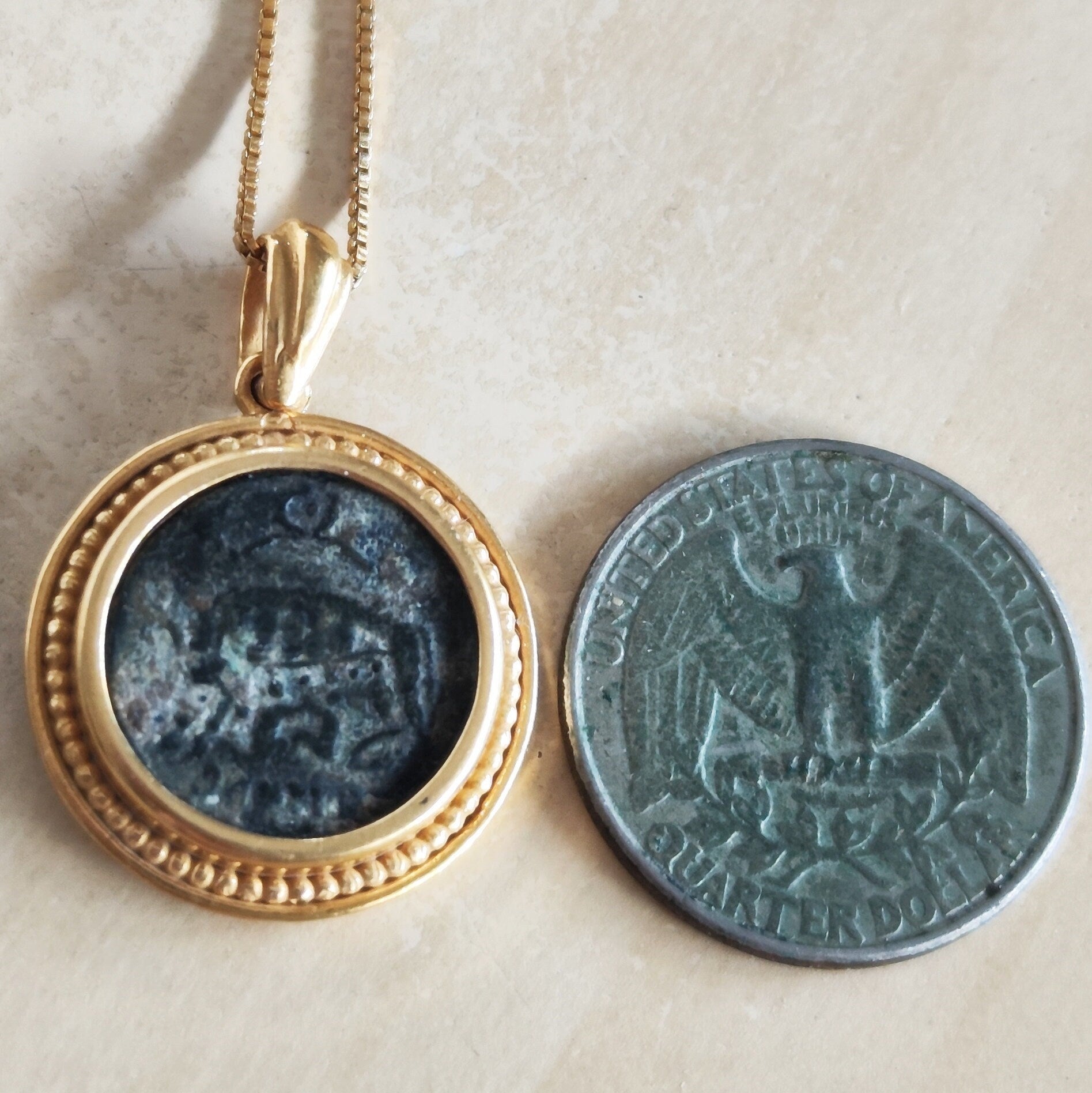 Genuine Roman Romulus & Remus coin necklace, Vintage Medallion, Antique Constantine She Wolf Bronze Coin Barr Designs