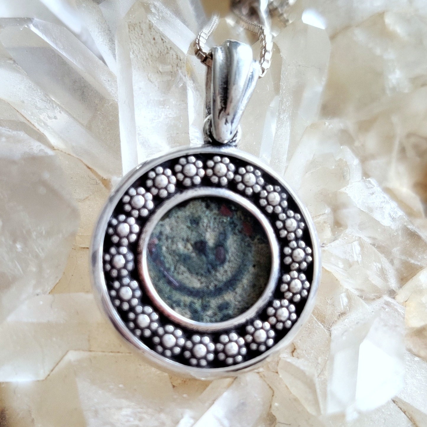 Christian Silver Necklace, Widow's Mite Coin Pendant, Jesus Ancient Jewelry, vintage style necklace, Flower nature pendant, Israeli jewelry