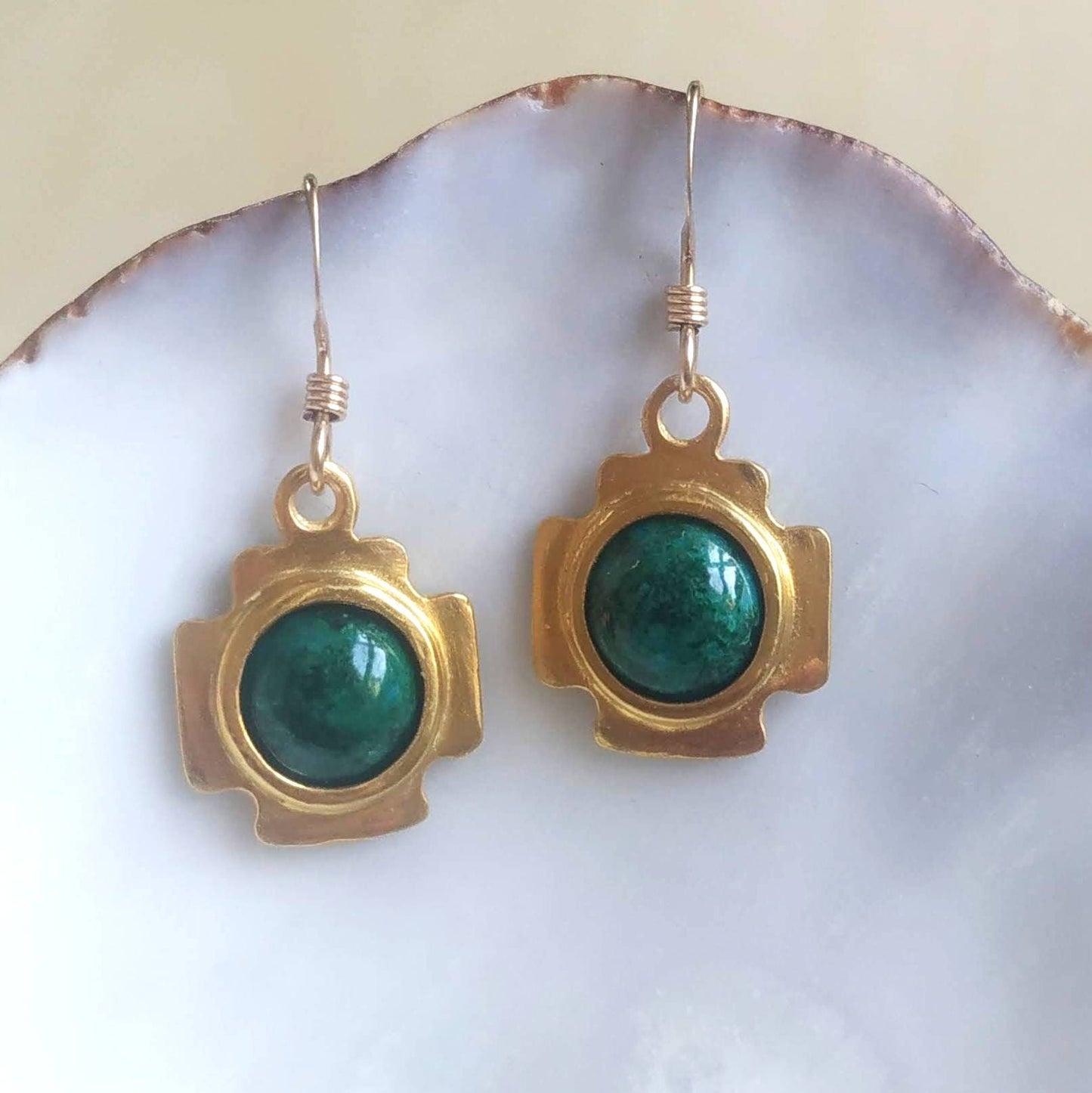Jerusalem Cross Eilat Stone Dangle Earrings, Christian Gold Plated Gemstone Earrings, Green Malachite Chrysocolla Cabochon, Israeli Jewelry