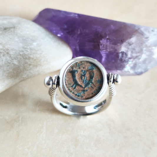 Genuine Roman Judea Biblical Prutah Coin Flip Ring, Antique King Herod I Coin Pendant, Unisex Swivel Silver Ring, Size 8 US, Spinner Jewelry