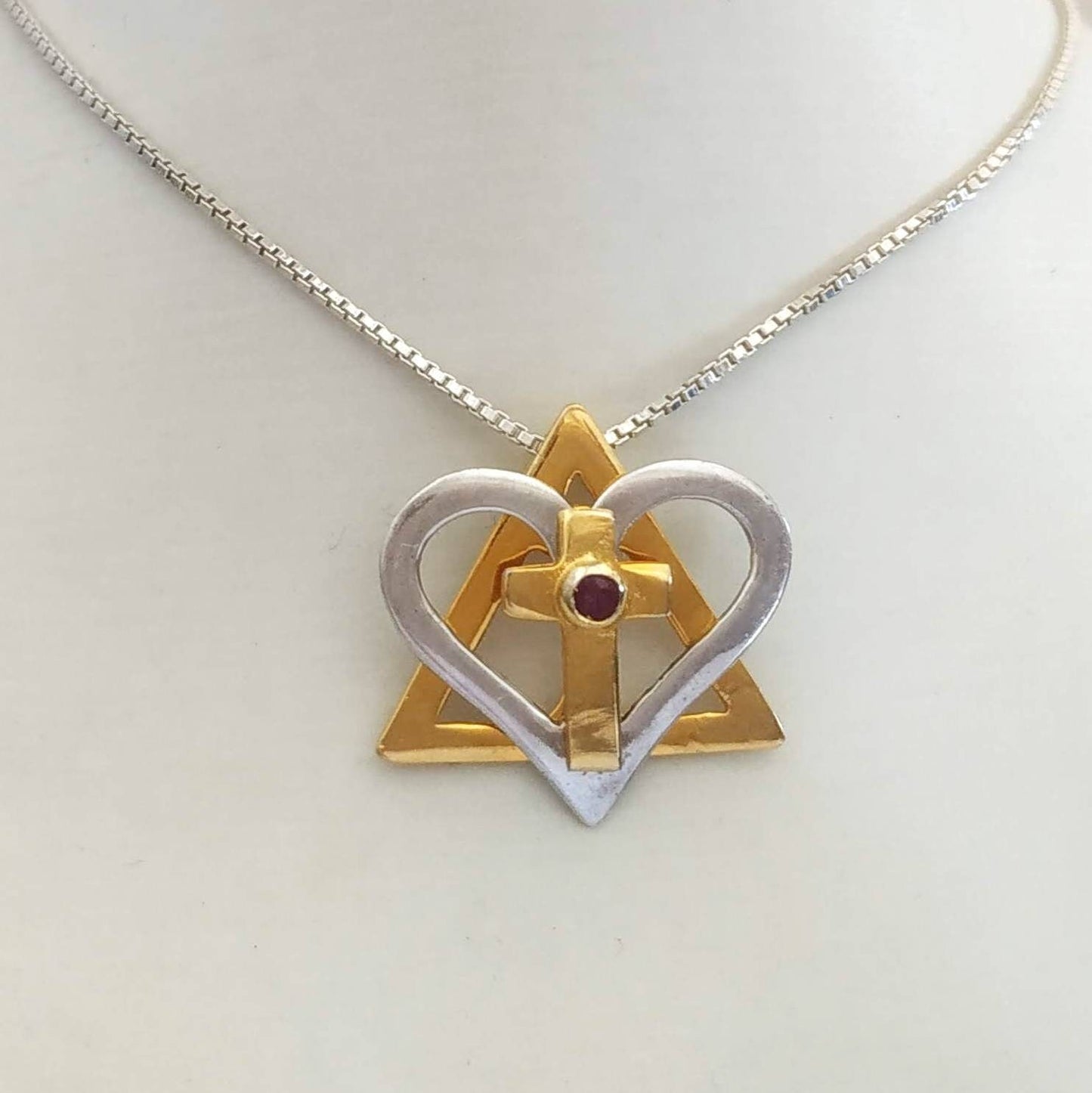 Silver and Gold Star of David cross necklace, interfaith Messianic Jewish Christian pendant, Red Ruby heart necklace, born again jewelry